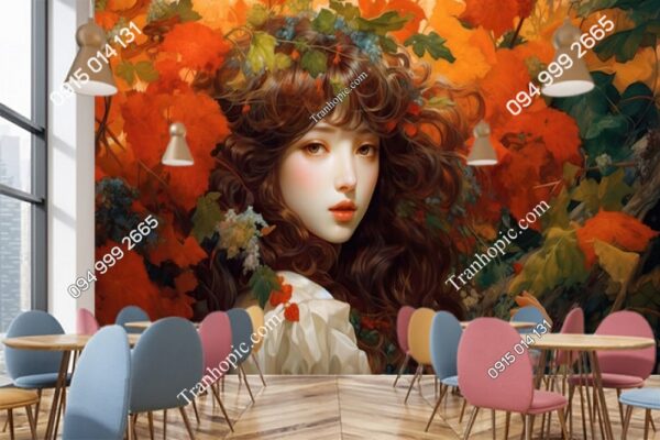 Tranh dán tường cô gái đẹp màu sắc dán quán cafe vẽ bở AI ADB707434204