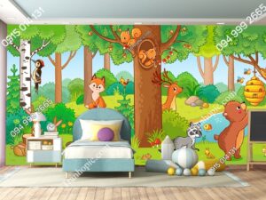 Tranh dán tường không gian trẻ em với động vật rừng cây dễ thương 2106481294