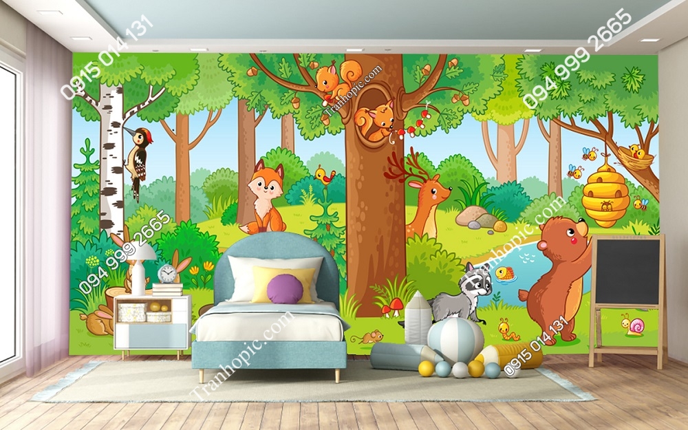 Tranh dán tường không gian trẻ em với động vật rừng cây dễ thương 2106481294