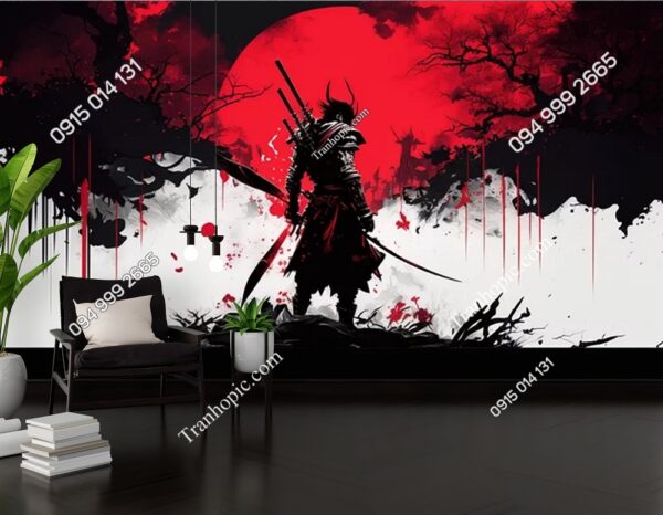 Tranh dán tường samurai mặt trời đỏ AI ADB672382487