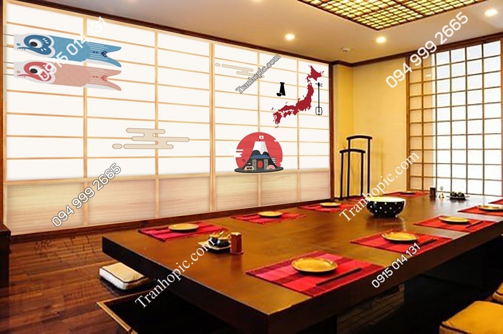 Tranh dán tường trang trí quán ăn Nhật bản nan gỗ hiện đại HT30210519150032284021