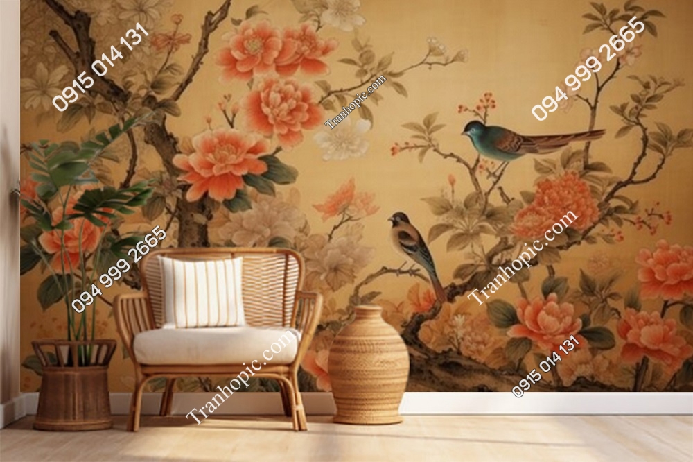 Tranh hoa và chim cổ indochine ADB698067277