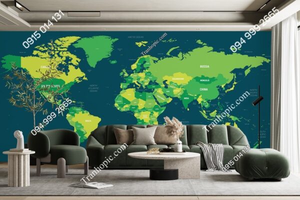 Tranh dán tường bản đồ thế giới màu xanh lá cây đẹp 2989101751