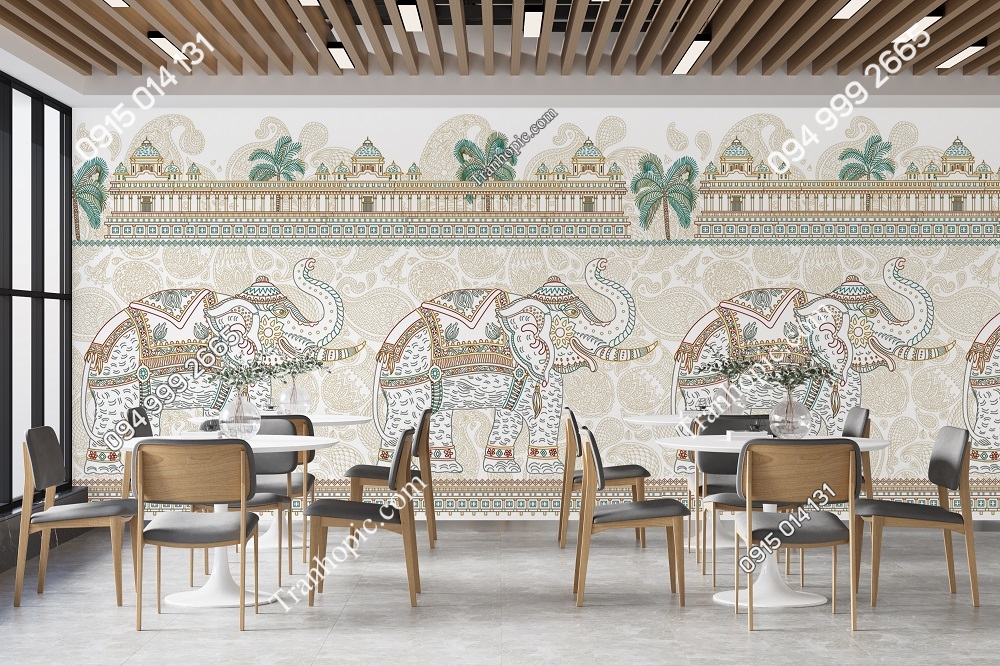Tranh dán tường họa tiết Paisley và voi Thái Lan trang trí nhà hàng quán ăn 3104182825