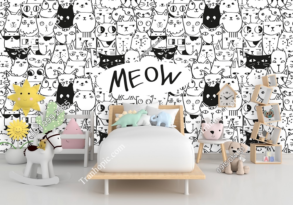 Tranh dán tường họa tiết mèo vui vẻ trắng đen Funy Cat 477931460