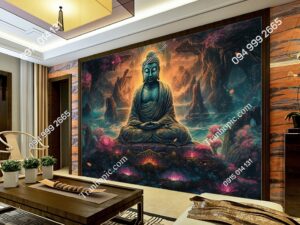 Tranh dán tường Phật ngồi thiền trong không gian kỳ ảo AB587951471