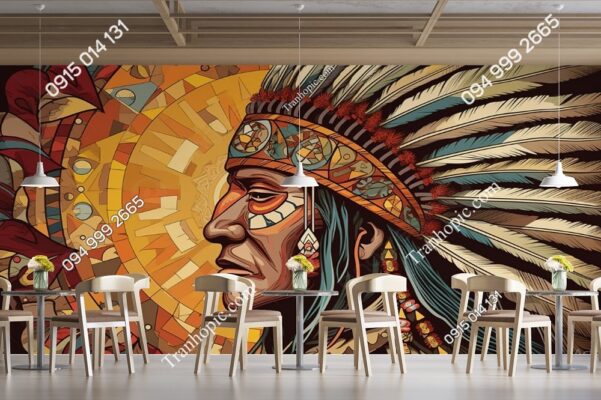 Tranh dán tường thổ dân 3D trang trí nhà hàng quán ăn TD1
