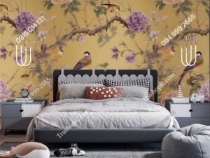 Tranh hoa mẫu đơn và chim liền mạch dán tường phòng ngủ 709614417