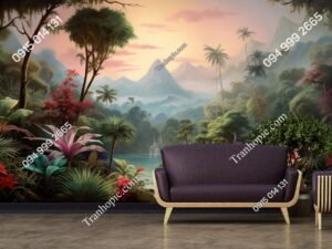 Tranh rừng cây nhiệt đới mơ ảo dán tường quán cafe AB727081177
