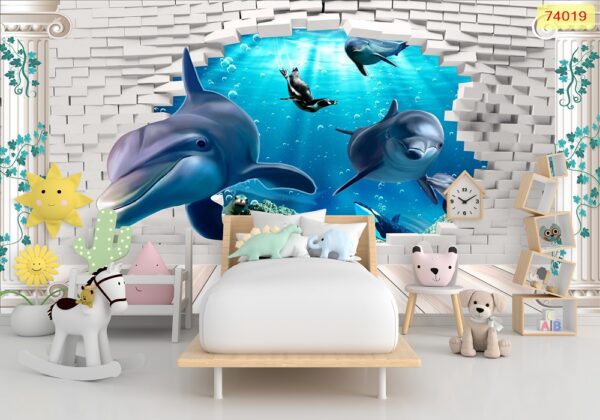 Tranh dán tường cá heo 3D xuyên tường trang trí phòng trẻ em 74019