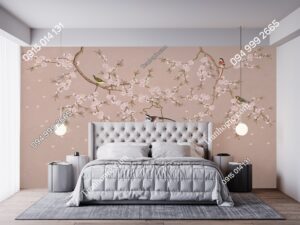 Tranh dán tường chim và hoa nền hồng nâu DM10361252023