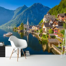Tranh dán tường cảnh bờ hồ Hallstatt nổi tiếng ở dãy Alps của Áo buổi sáng tuyệt đẹp lúc bình minh vào một ngày nắng mùa hè 683691666