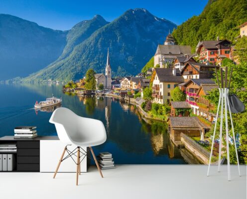 Tranh dán tường cảnh bờ hồ Hallstatt nổi tiếng ở dãy Alps của Áo buổi sáng tuyệt đẹp lúc bình minh vào một ngày nắng mùa hè 683691666