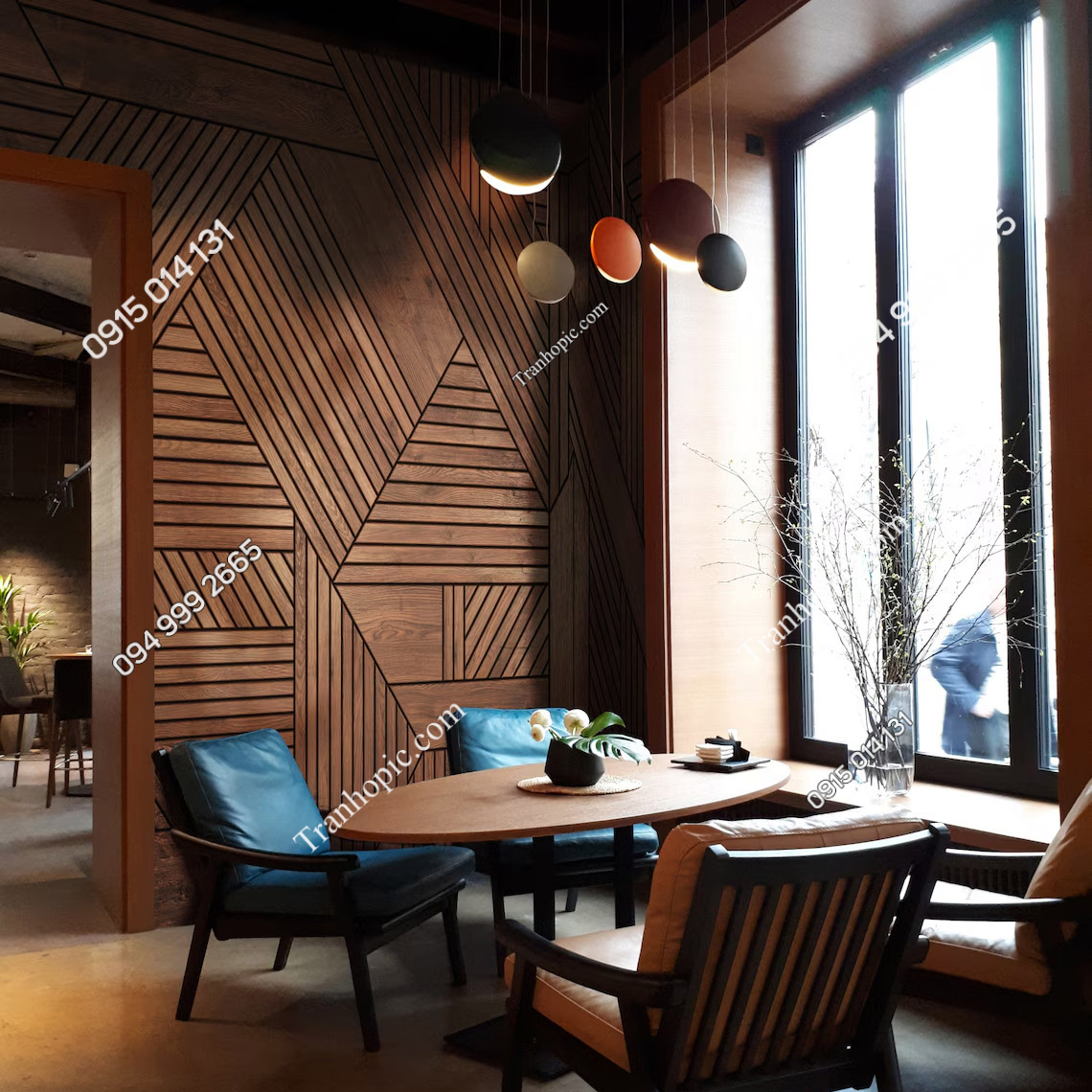 Tranh dán tường giả gỗ ghép 3D dán quán cafe nhà hàng 747716330