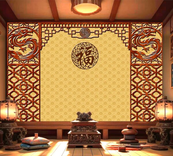 Tranh dán tường phòng thờ giả điêu khắc gỗ rồng và nền giấy vàng THL0010