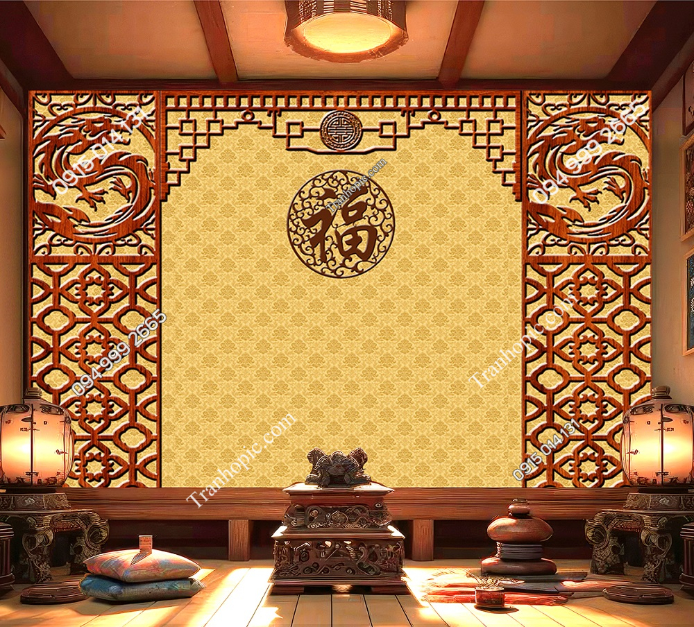 Tranh dán tường phòng thờ giả điêu khắc gỗ rồng và nền giấy vàng THL0010