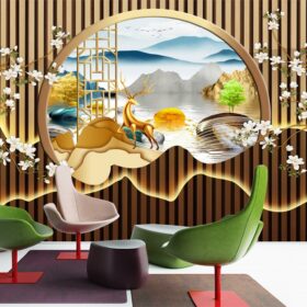 Tranh lam sóng hiện đại hươu và hoa dán tường 3152024
