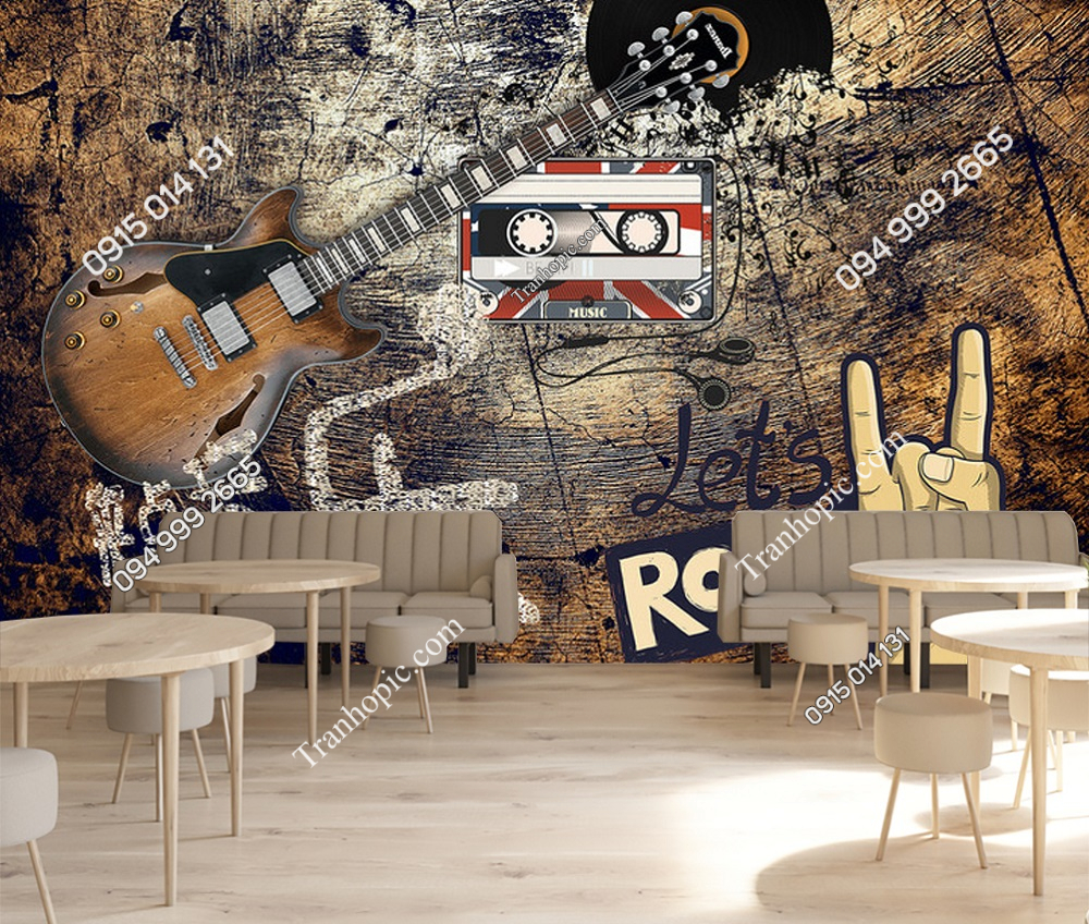 Tranh đàn guitar nền vintage dán tường quán cafe hát cho nhau nghe PK_011320
