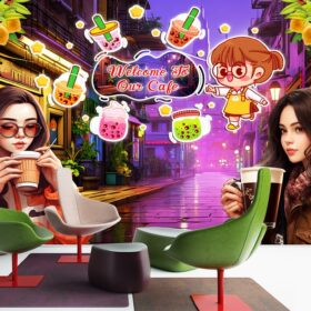 Tranh dán tường cafe trà sữa hẻm phố và cô gái xinh GMD2342024