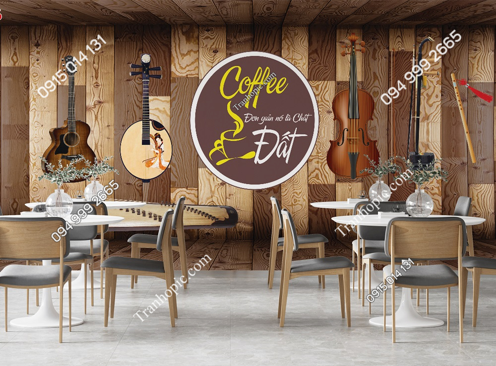 Tranh dán tường nền gỗ guitar và coffee 30286