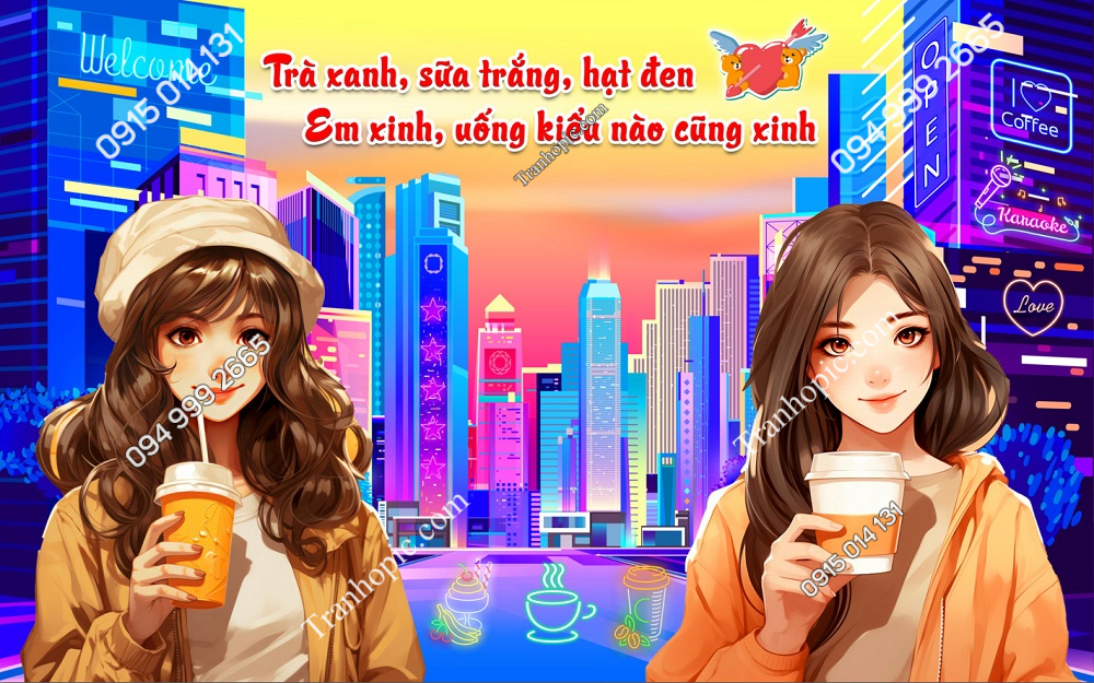 Tranh dán tường thành phố hiện đại với cô gái uống trà sữa GMD2342024 (11)
