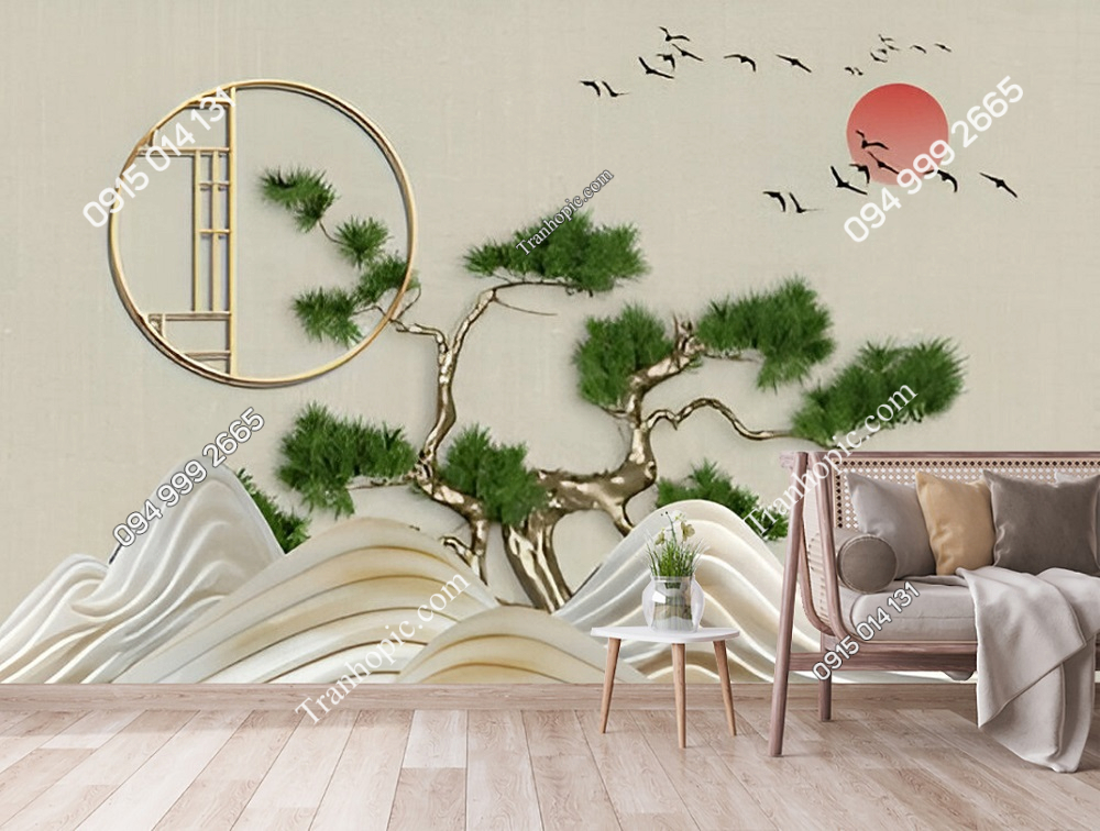 Tranh dán tường cây tùng, chim và mặt trời trang trí phòng khách RF234279710