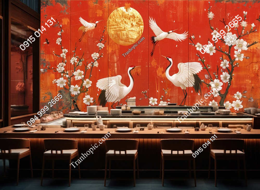 Tranh dán tường chim hạc trắng nền đỏ và hoa trang trí nhà hàng AB874780632