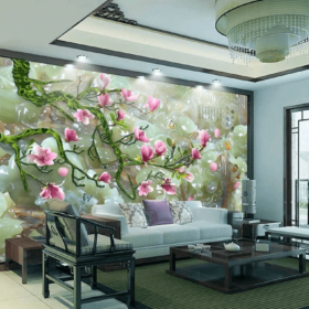 Tranh dán tường hoa mộc lan cẩm thạch 5D030 sau sofa