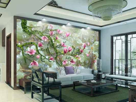 Tranh dán tường hoa mộc lan cẩm thạch 5D030 sau sofa