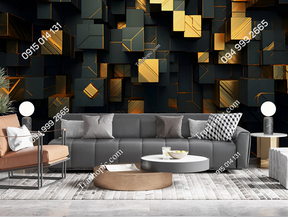 Tranh dán tường trừu tượng với các ô vuông vàng đen RF309187491