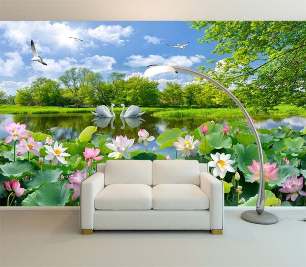 Tranh đầm hoa sen và đôi thiên nga dán tường sau sofa PC397