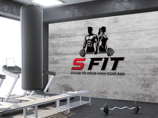 Tranh dán tường phòng gym với logo quán trên nền xi măng GYM281692024