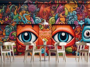 Tranh dán tường quán cafe trà sữa hoa văn con mắt graffiti AB659260960