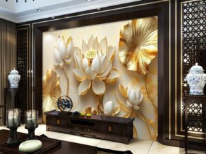 Tranh dán tường hoa sen vàng AI trang trí phòng khách AB2474756021