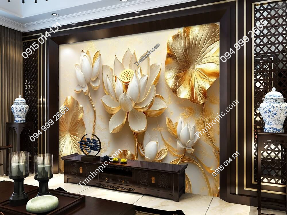 Tranh dán tường hoa sen vàng AI trang trí phòng khách AB2474756021