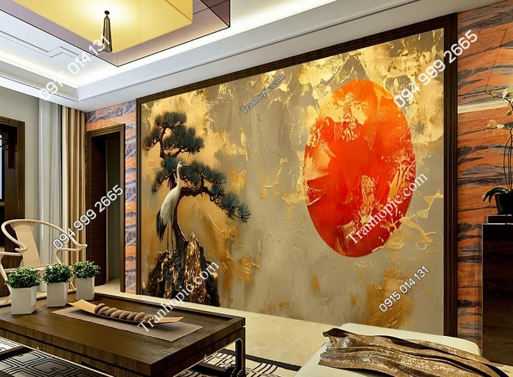 Tranh dán tường mặt trời đỏ và chim hạc 841096876