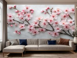 Tranh hoa đào AI dán tường sau sofa 1034923028
