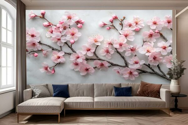 Tranh hoa đào AI dán tường sau sofa 1034923028