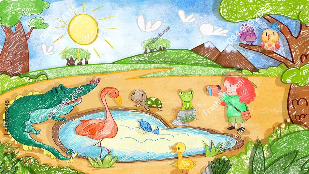 Tranh dán tường phòng trẻ em bé đi khám phá thiên nhiên AB487672945