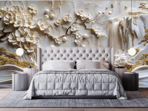 Tranh dán tường hoa trắng 3D trang trí đầu giường hiện đại AB863817054