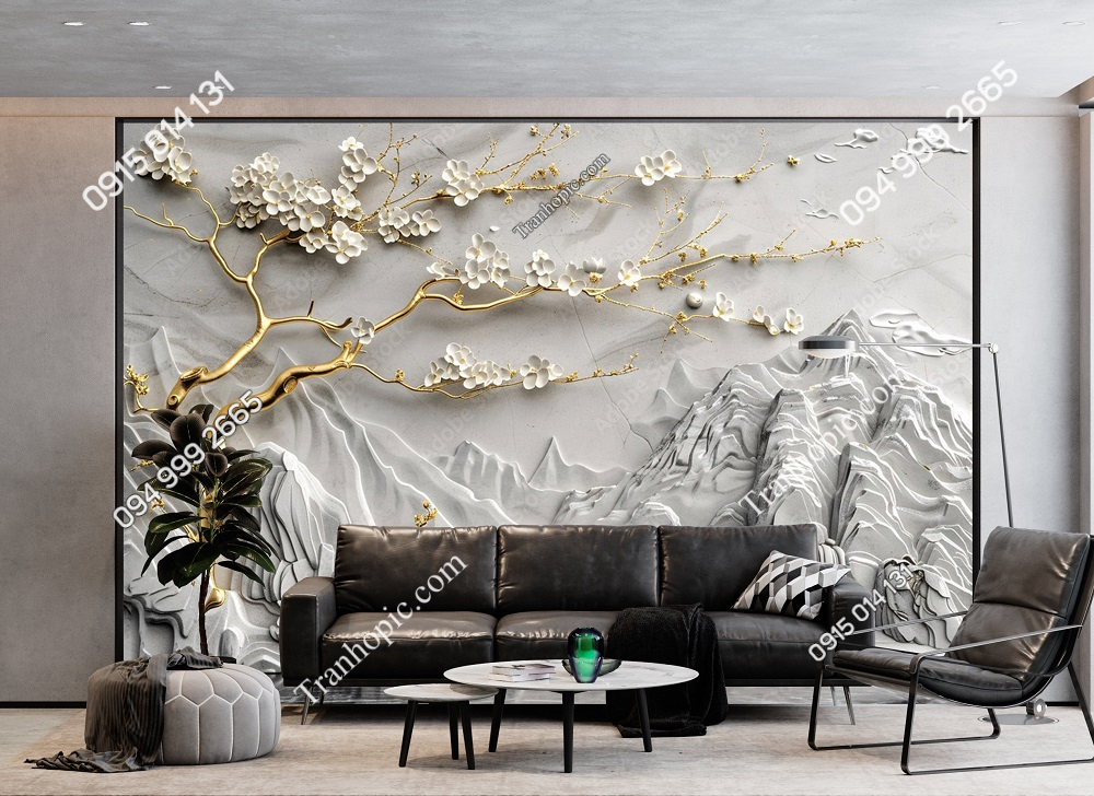 Tranh dán tường hoa trắng và núi đá 3D trang trí sau sofa AB860239565