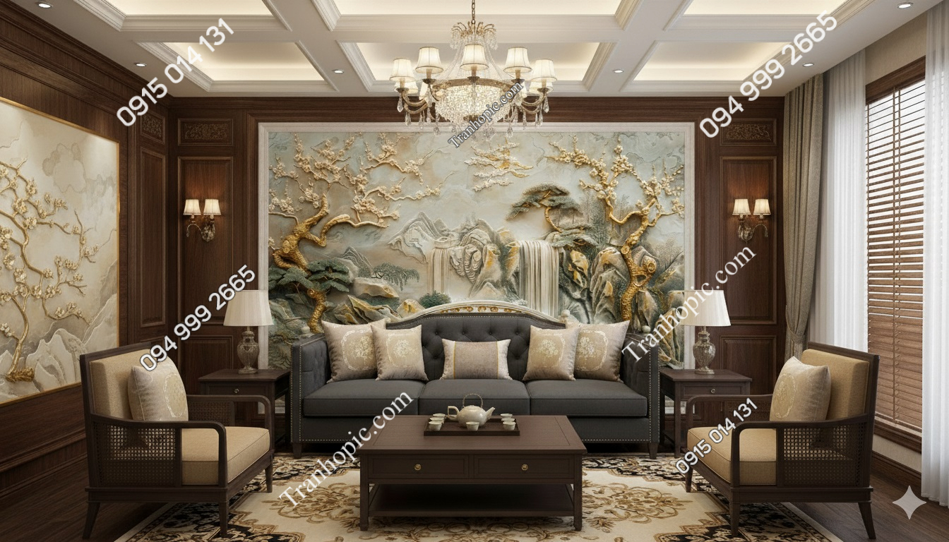 Tranh dán tường cảnh núi cây hoa và cầu trang trí sau sofa AB836426730
