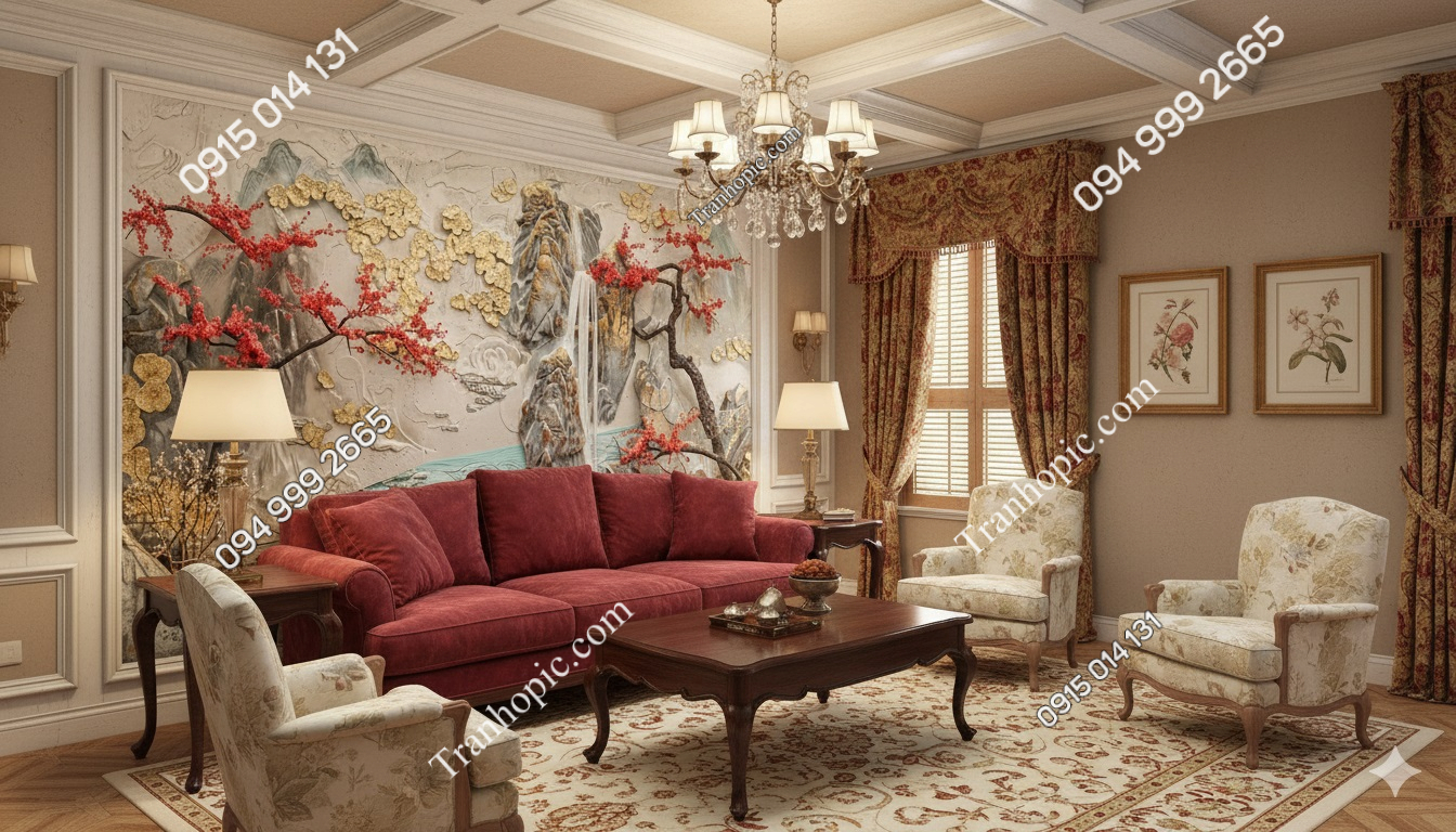 Tranh dán tường hoa và cây cầu núi đá AB836441686