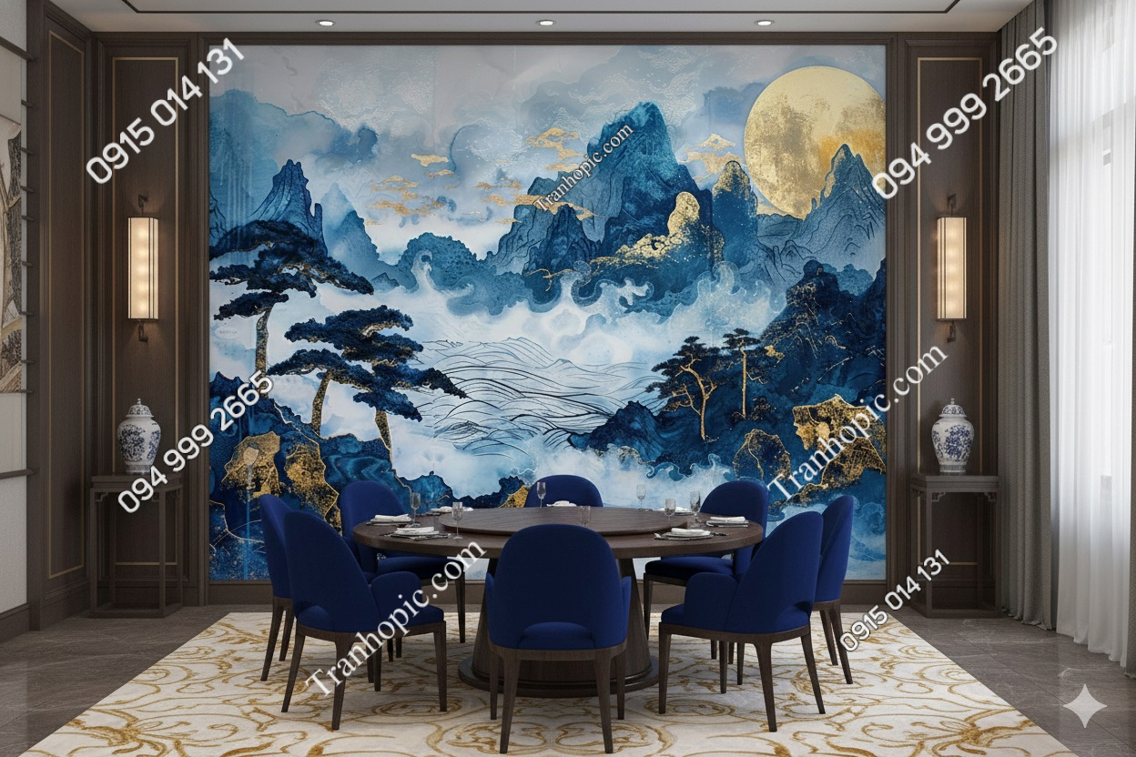 Tranh dán tường nền đá xanh dương trang trí tường phòng vip quán ăn AB868308155