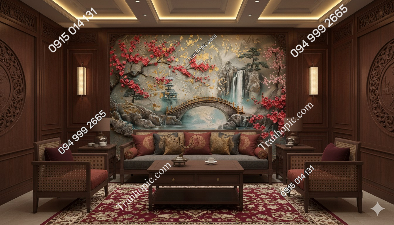 Tranh dán tường phòng khách cảnh cầu và hoa đào đỏ AB835457007