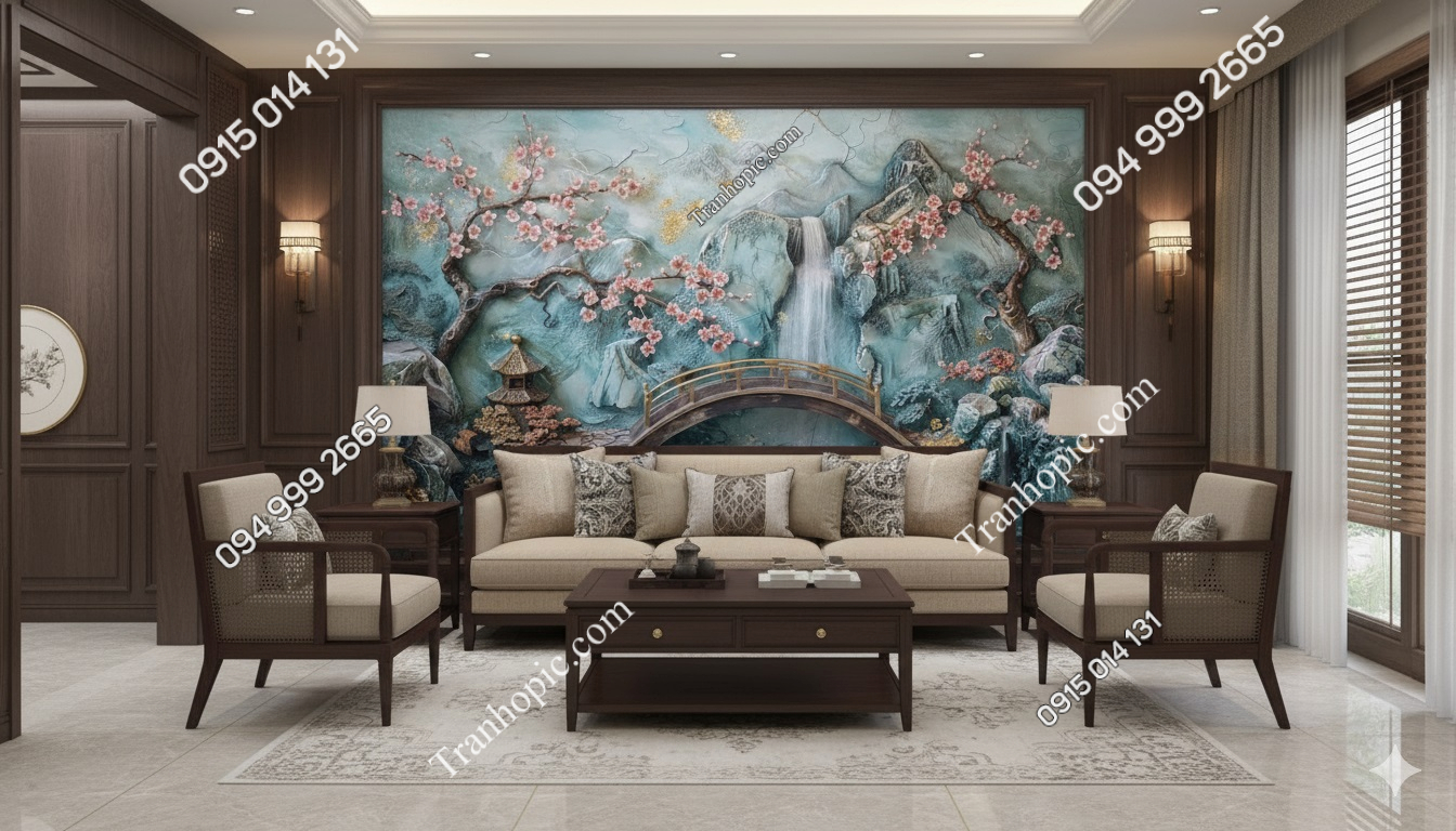 Tranh dán tường phòng khách cảnh hoa và cây cầu AB835456867