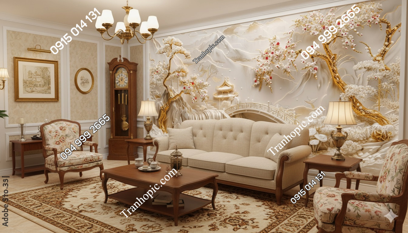 Tranh dán tường phòng khách cảnh hoa và nền đá trắng AB836442273