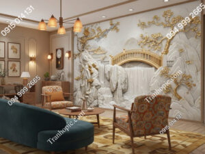 Tranh dán tường phòng khách giả thạch nhũ trắng họa tiết vàng AB836442250