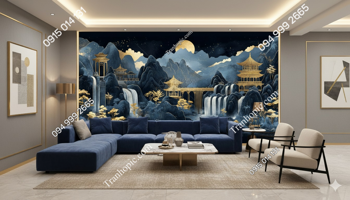 Tranh dán tường phòng khách hiện đại sang trọng nền đá xanh 412