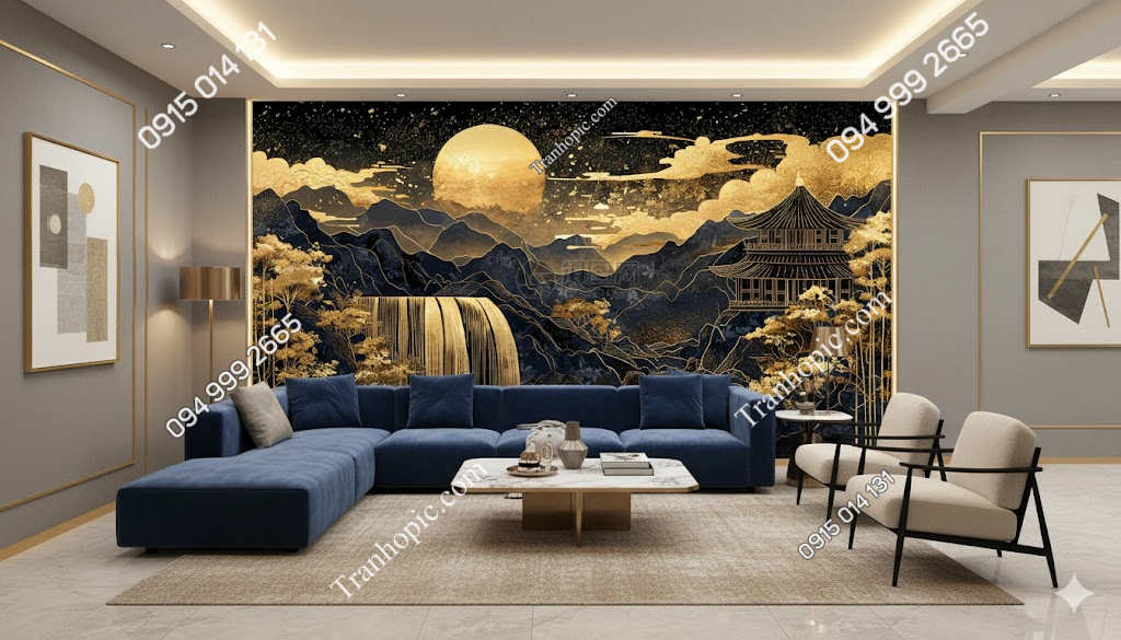 Tranh dán tường phòng khách hiện đại trăng vàng 181